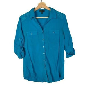Spense Blue Roll Tab Sleeve Lace Shoulder Long Sleeve Button Down S